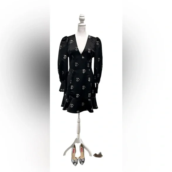 NWT Joie Minia floral black  satin brocade puff sleeve dress  . Size 8 - Picture 6 of 7